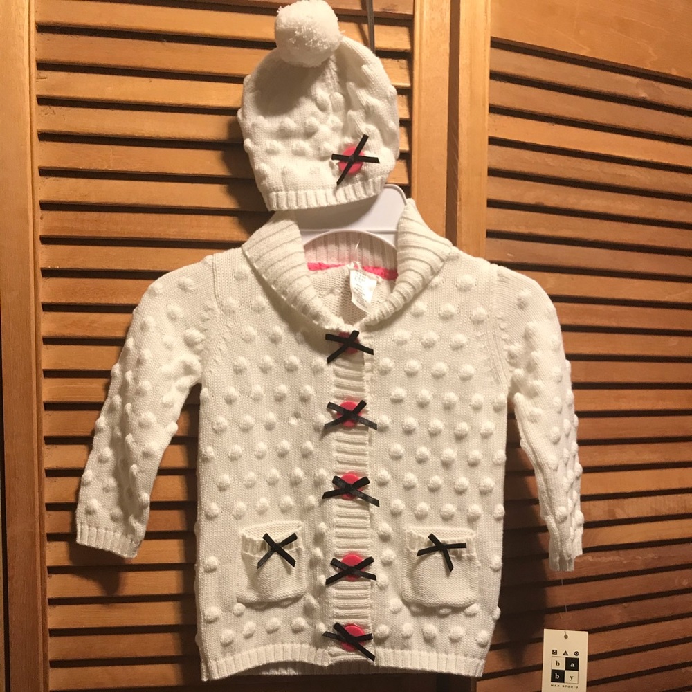 Max Studio Baby White Cardigan & Hat Set